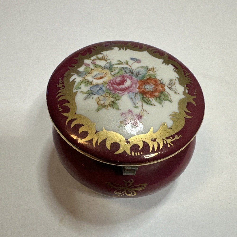Round Jewelry Box Red KPM Hand Painted Flowers Porcelain Trinket Vintage